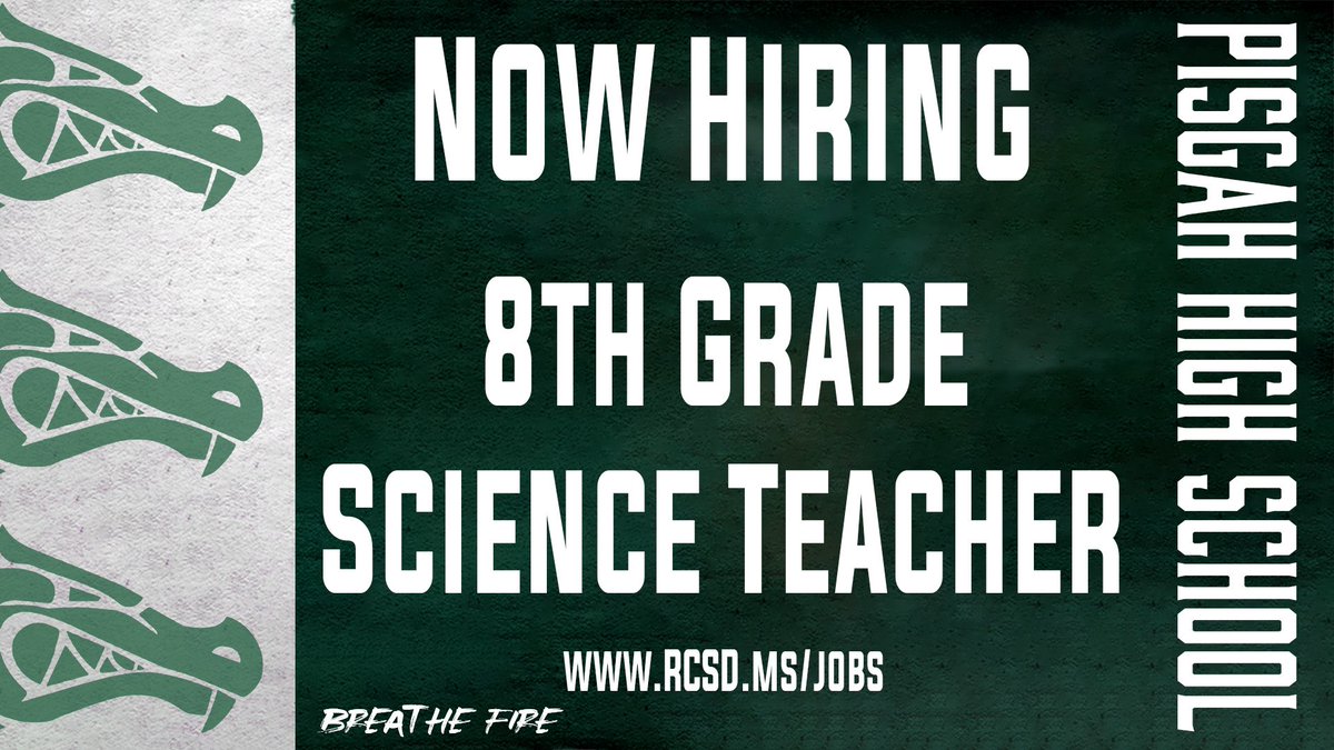 Pisgah High School is hiring an 8th Grade Science teacher! If you or someone you know would be a great addition to our staff, apply at 
RCSD.ms/jobs
