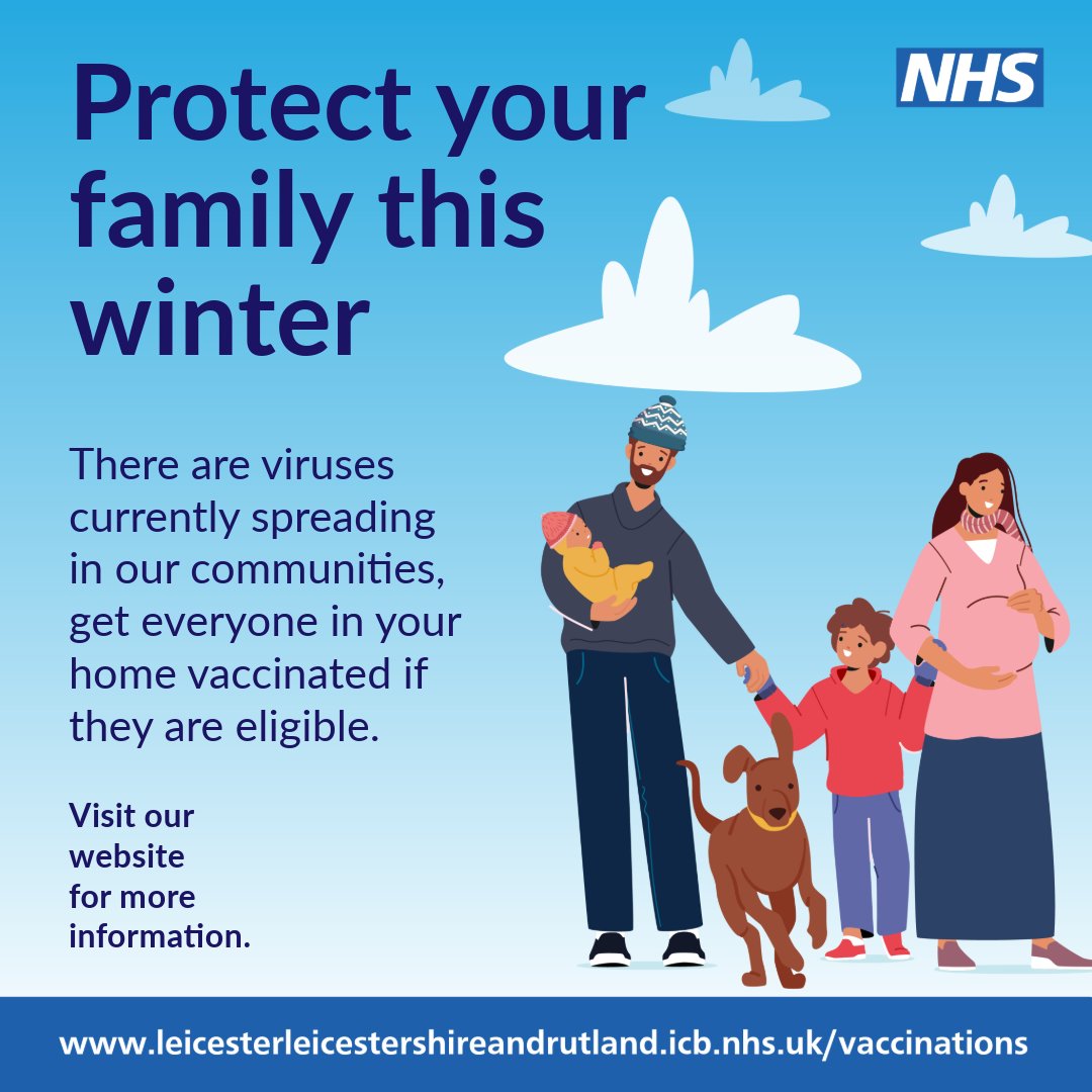 NHS Leicester, Leicestershire and Rutland (@nhs_llr) on Twitter photo Make sure you and your family are protected from viruses that are spreading this winter.
Anyone whoβs eligible can get the #Covid, #Flu, #WhoopingCough, 
#RSV or #MMR jab at one of our walk-in vaccination clinics.
Find your closest clinic by visiting:  bit.ly/3BoHpaf Make sure you and your family are protected from viruses that are spreading this winter.
Anyone whoβs eligible can get the #Covid, #Flu, #WhoopingCough, 
#RSV or #MMR jab at one of our walk-in vaccination clinics.
Find your closest clinic by visiting:  bit.ly/3BoHpaf