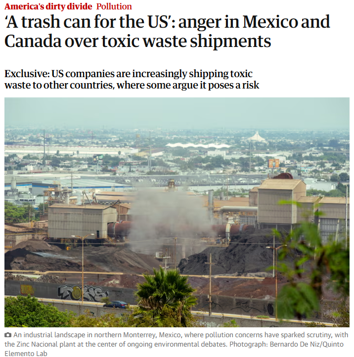 Déchets toxiques| Un dossier du <a href="/GuardianUS/">Guardian US</a> et <a href="/quintoelab/">Quinto Elemento Lab</a> met en lumière la gestion problématique des déchets toxiques par les É-U et les impacts sur le Mexique et le Canada, pays importateurs de ces matières.
On parle de Stablex et de la Fonderie Horne
👉theguardian.com/us-news/2025/j…