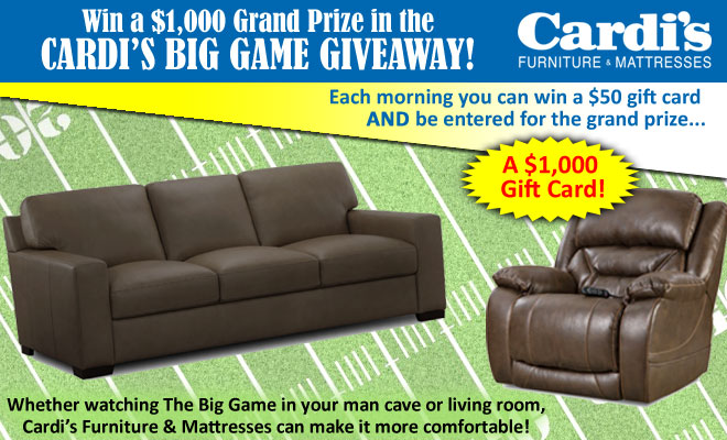 Win a $1,000 Grand Prize in the Cardi’s Big Game Giveaway!
Whether watching The Big Game in your #mancave or in the living room with your family, #Cardis #Furniture &amp; Mattresses can make it more comfortable
ocean1047.com/win-a-1000-gra…