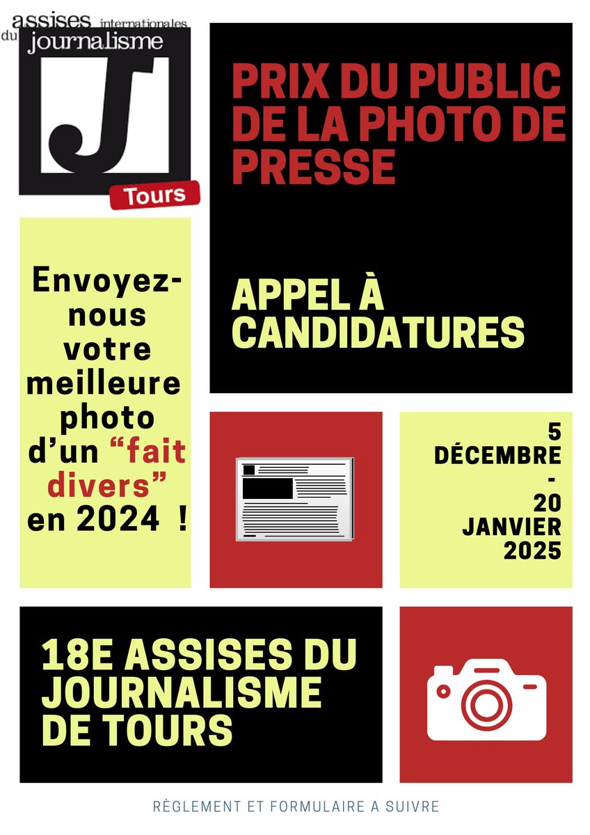 LesAssises's tweet photo. 📸📢Nouveau délai pour candidater au Prix Public de la Photo de Presse des prochaines Assises du Journalisme à Tours ! 
Plus que 5 jours pour nous envoyer votre meilleure photo publiée dans l'année sur le thème "Fait divers" ! 
https://t.co/AolW9vKTUw https://t.co/otTlt6sh7f