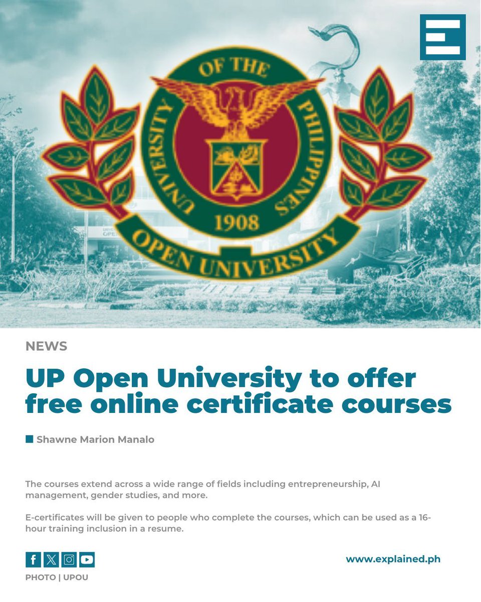 explained_ph's tweet image. The University of the Philippines (UP) Open University is offering 44 Massive Open Online Courses (MOOCs) for free this 2025, welcoming students, professionals, and parents who wish to return to learning or explore new fields. 

READ: buff.ly/3C7yRHE