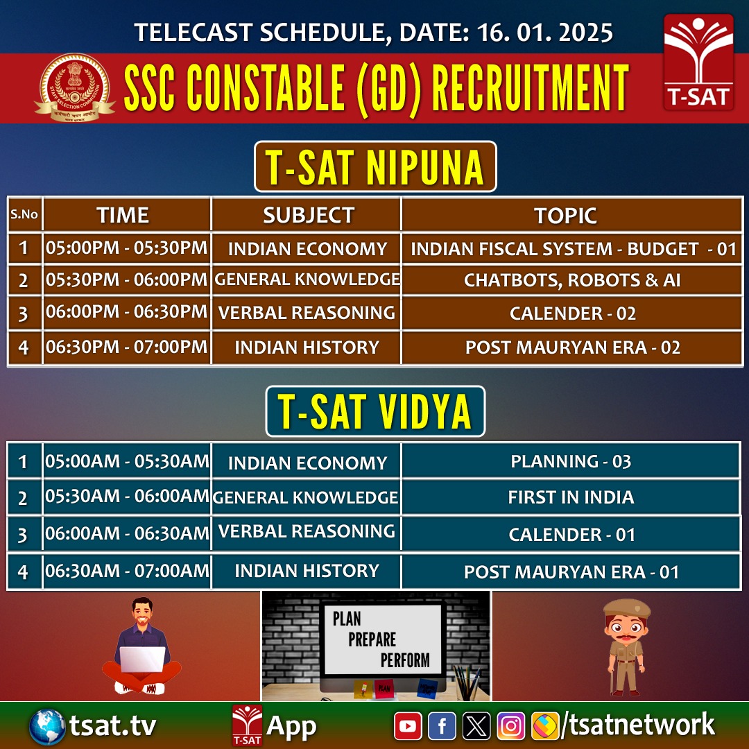 TSATnetwork's tweet photo. Telecast schedule for the SSC Constable (GD) Recruitment | January 16, 2025

#SSCConstable #Recruitment #ExamPreparation #TSAT #Education #CareerGoals #TelecastSchedule #GeneralKnowledge #Reasoning #QuantitativeAptitude https://t.co/gTXSqiRH0O