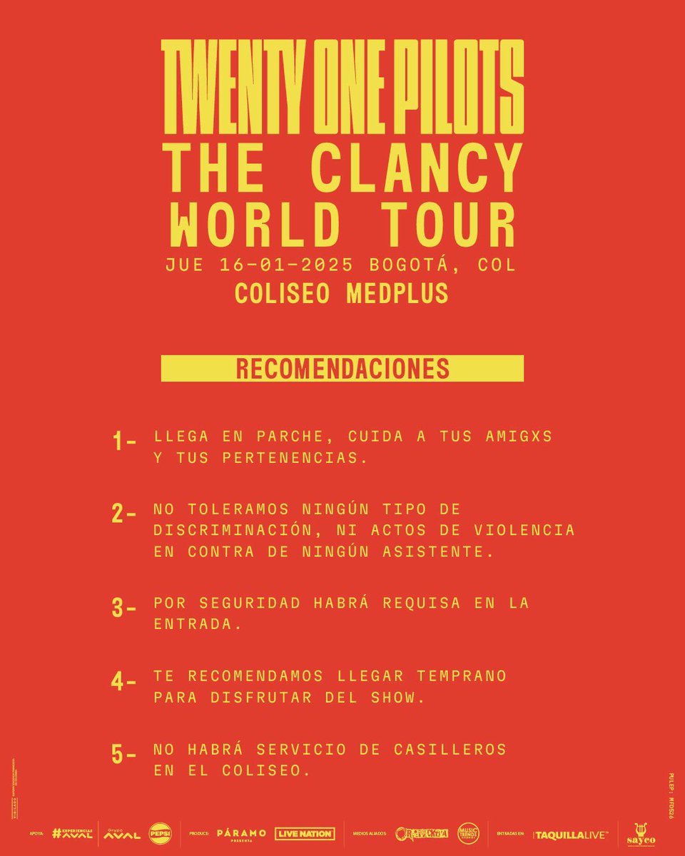 happyghostent's tweet photo. MAÑANA!!!!! . Falta solo 1 día para ver por primera vez a Twenty One Pilots en un show solitario en Colombia 🇨🇴❤️. Aquí están horarios y algunas recomendaciones para tener en cuenta el día de mañana . Agradecimiento importante a @paramopresenta por creer y apoyar la banda. 🙏 https://t.co/VDs20HG1K3