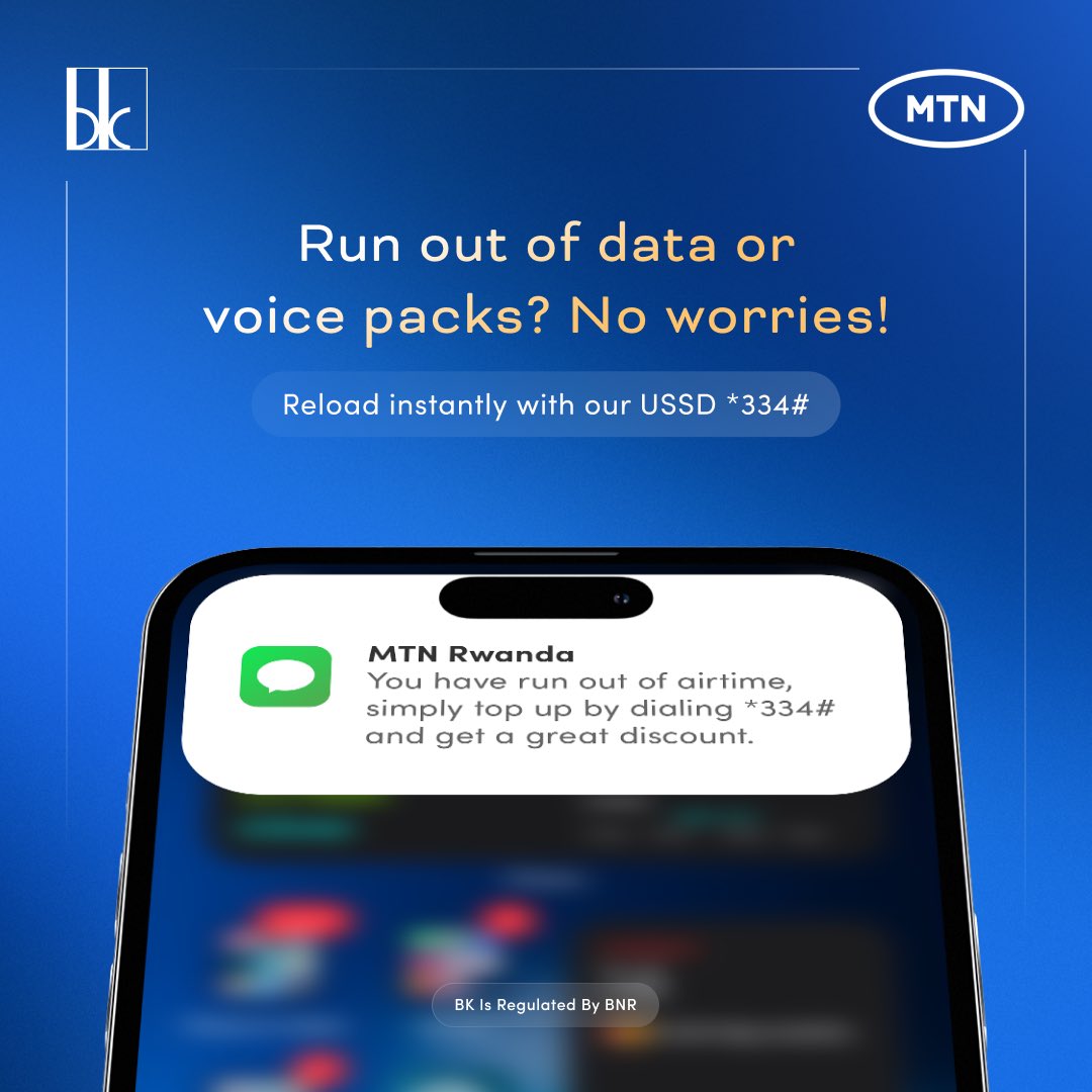 Out of data bundles or voice packs again🤔? No problem😊! Dial *334#, then click on the 'Pay' feature to top up instantly and enjoy great discounts that help you save while staying connected🤩!

#NanjyeNiBKTujyaneKuzigama #MadeByBK