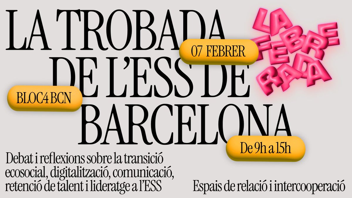 coopstreball's tweet image. 📢Torna la #LaFebrerada, la Trobada de l&apos;ESS de Barcelona 

Divendres 7 de febrer al @Bloc4BCN, la jornada matinal girarà al voltant dels reptes de talent, lideratge, comunicació, digitalització i futur ecosocial

Inscripcions fins al 27/01 ⤵️
es.surveymonkey.com/r/JDPKB7D
#ESSBCN2030