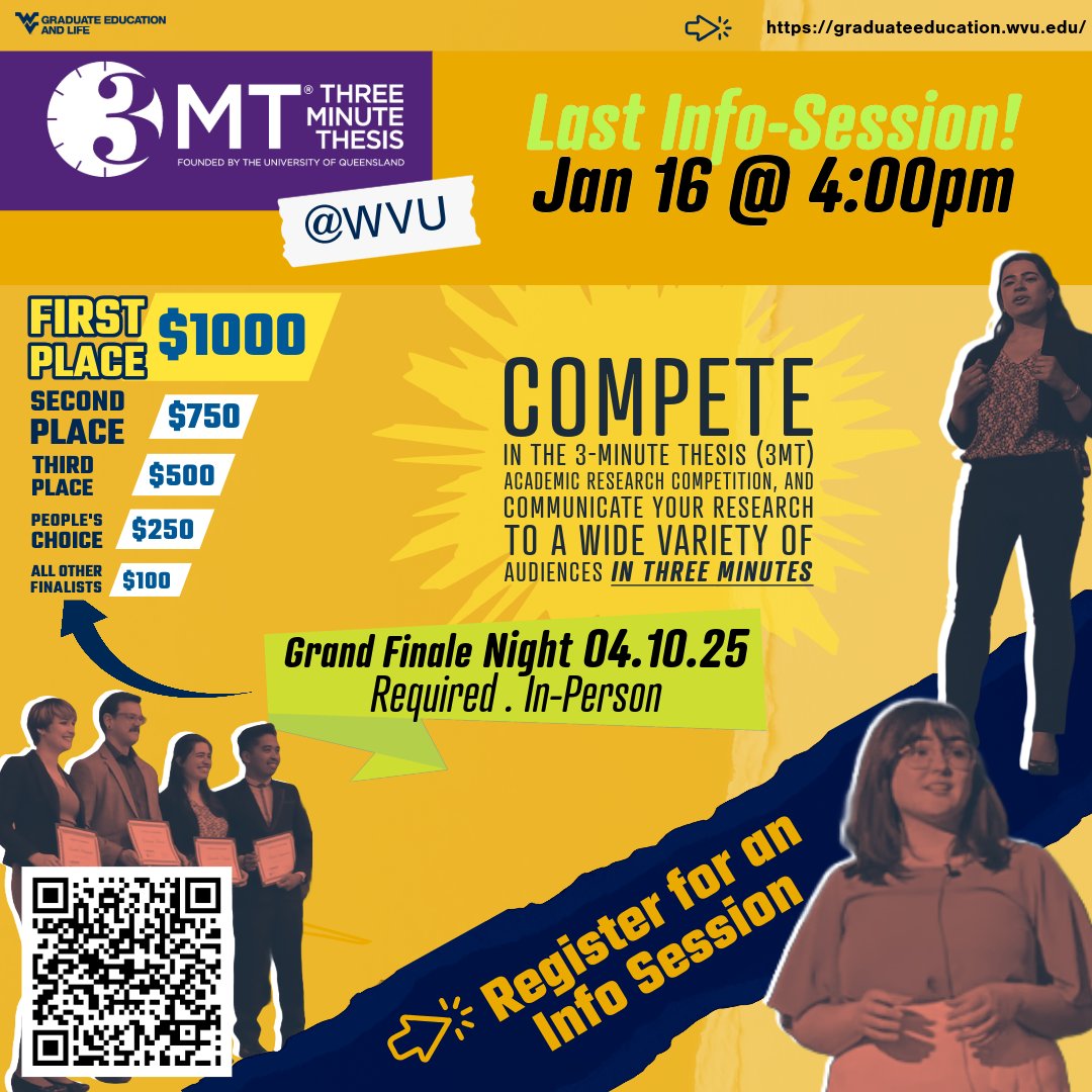 Here's the thing.... 3MT is kinda awesome 😏😏😏 
Check out the last info-session offering TOMORROW.  It'll be virtual, we'll have past competitors talking about their experience, and we can answer all your questions. 
➡️wvu.qualtrics.com/jfe/form/SV_2u…