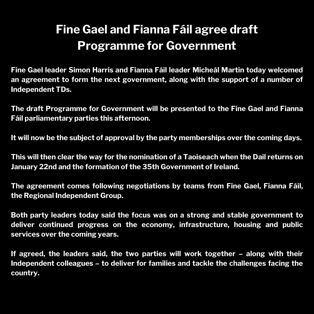 Since the General Election we have been working night and day to deliver a Programme for Government. 
Fine Gael went into negotiations to put together a government that can deliver on the issues that matter to you, your family and your community.