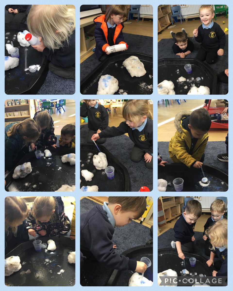 Nursery have loved finding out about what happens when salt is sprinkled on ice. We then used pipettes to add coloured water and watched it run into the cracks as the ice melted. ❄️