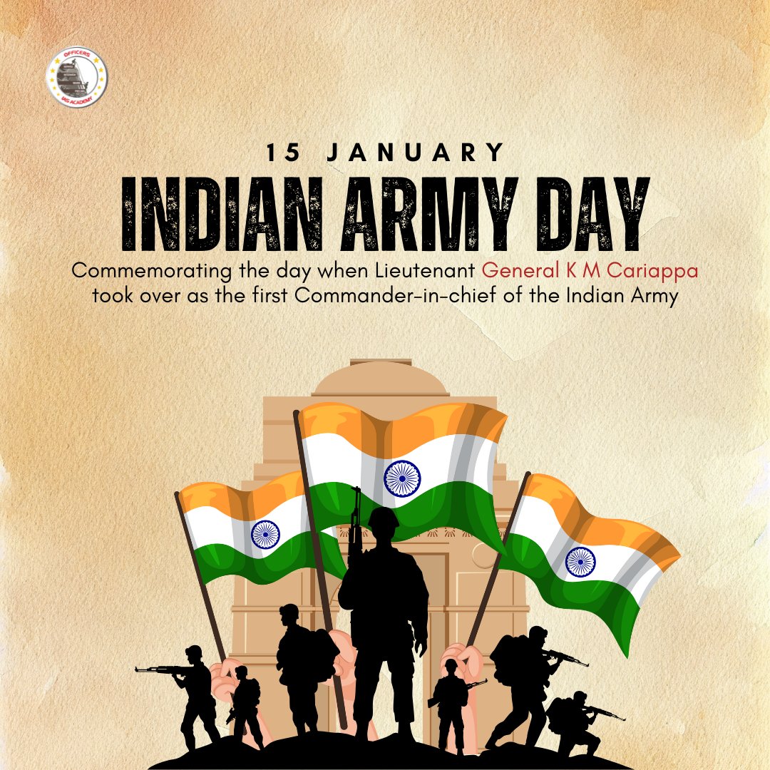 OfficersIAS's tweet photo. Today, we celebrate the strength, courage, and dedication of the Indian Army on Indian Army Day!  

On this day in 1949, Lieutenant General K M Cariappa made history by becoming the first Indian Commander-in-Chief of the Indian Army, paving the way for a proud, self-reliant force.  

The Indian Army stands as the backbone of our nation, guarding our borders and ensuring peace with unmatched bravery. Let’s honor their sacrifices and express our gratitude to these heroes who put the nation above everything else. 

 #IndianArmy #ValorAndSacrifice #KMCariappa #IndianHeroes #ArmyStrong #NationAboveAll #ProudIndian #JaiHind #15January