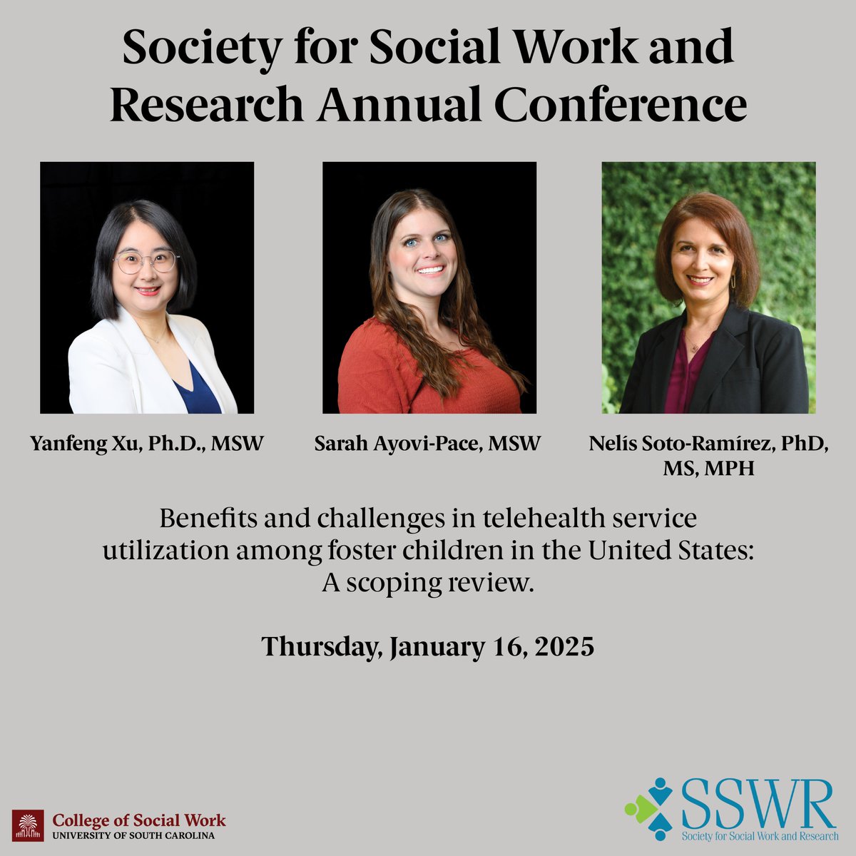 uofsccosw's tweet photo. We're delighted to be at the @SSWRorg 2025 conference starting tomorrow! 🌟 With so many incredible presentations lined up, here’s a sneak peek at just a few highlights. #SSWR2025 #socialworkgamecocks https://t.co/gwcblHC19F