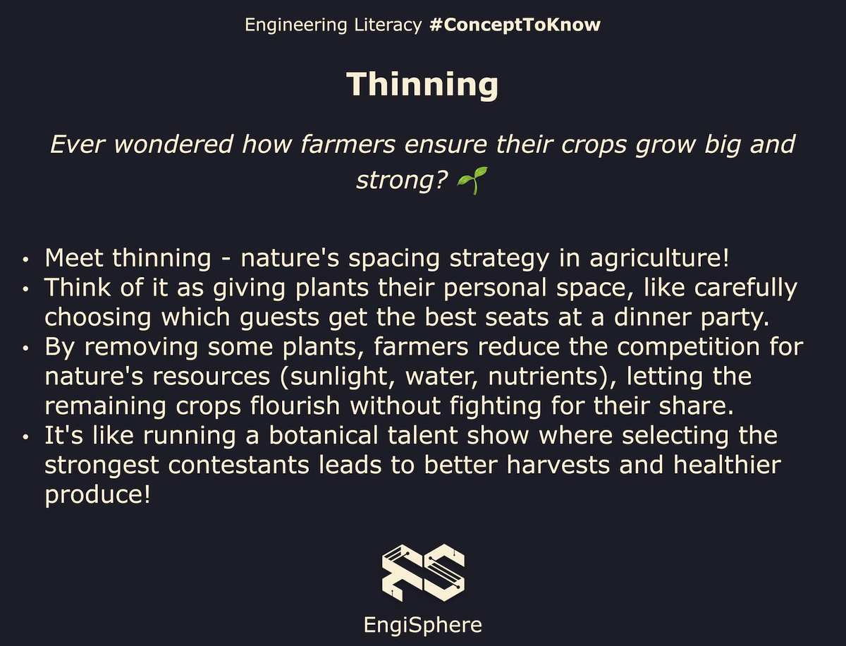 engisphereweb's tweet image. 🌱 Thinning: The art of giving plants their personal space dance floor! Better spacing = bigger, stronger crops! #AgriEngineering #FarmingTips #ConceptToknow #EngineeringLiteracy