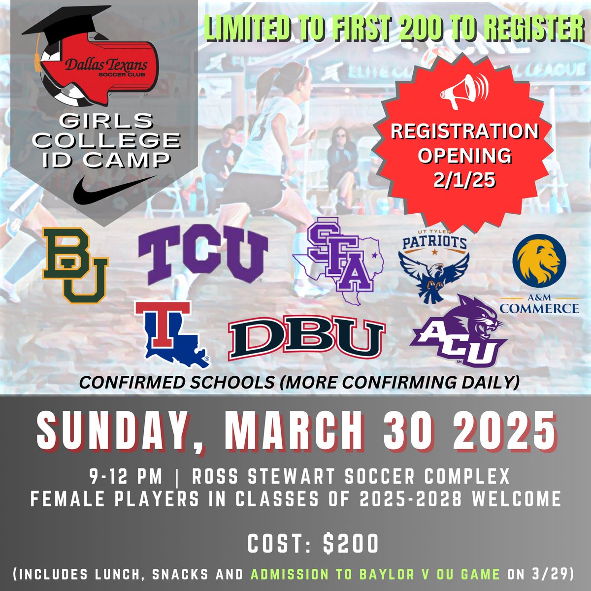 DallasTexans08GECNLRL (@texans08ecnlrl) on Twitter photo SAVE THE DATE - 2025 Dallas Texans Girls College ID Camp, 3/30/25 for girls graduating in 2025-2028 Registration opens Feb 1st and includes free entry to the Baylor v OU women's game in Dallas on 3/29! <a href="/ecnlgirls/">ECNL Girls</a> <a href="/imyouthsoccer/">ECNL/GA/Recruiting/College Soccer</a> <a href="/imcollegesoccer/">College Soccer Truth ™</a> <a href="/topdrawersoccer/">TopDrawerSoccer</a> <a href="/prepsoccer/">Prep Soccer ⚽️</a> SAVE THE DATE - 2025 Dallas Texans Girls College ID Camp, 3/30/25 for girls graduating in 2025-2028 Registration opens Feb 1st and includes free entry to the Baylor v OU women's game in Dallas on 3/29! <a href="/ecnlgirls/">ECNL Girls</a> <a href="/imyouthsoccer/">ECNL/GA/Recruiting/College Soccer</a> <a href="/imcollegesoccer/">College Soccer Truth ™</a> <a href="/topdrawersoccer/">TopDrawerSoccer</a> <a href="/prepsoccer/">Prep Soccer ⚽️</a>