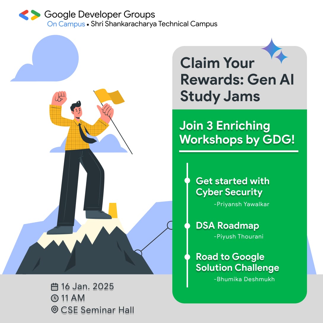 gdgsstc's tweet photo. 🌟Claim Your GenAI Rewards!🌟

Join GDG SSTC for exciting workshops 🚀:
🔒 Cyber Security (Workshop) – Priyansh Yawalkar
📈 DSA Roadmap (Workshop) – Piyush Thourani
🌍 Road to Google Solution Challenge (Workshop) – Bhumika Deshmukh

🗓 16th Jan 2025 | 🕚 11 AM
📍 CSE Seminar Hall https://t.co/vRFtrlOhH5
