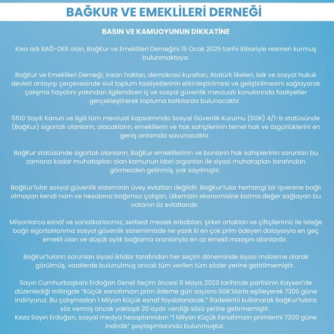 TurhanBozkurTV's tweet photo. 🛑 Bağ-Kur ve Emekilileri Derneği "Artık yeter!" dedi. 

💡 Cumhurbaşkanı Erdoğan'ın seçimden evvel verdiği sözü tutmasını ve prim gün sayısının 9 binden 7 bin 200'e indirilmesini bekliyor. https://t.co/bN4Ng5sijo