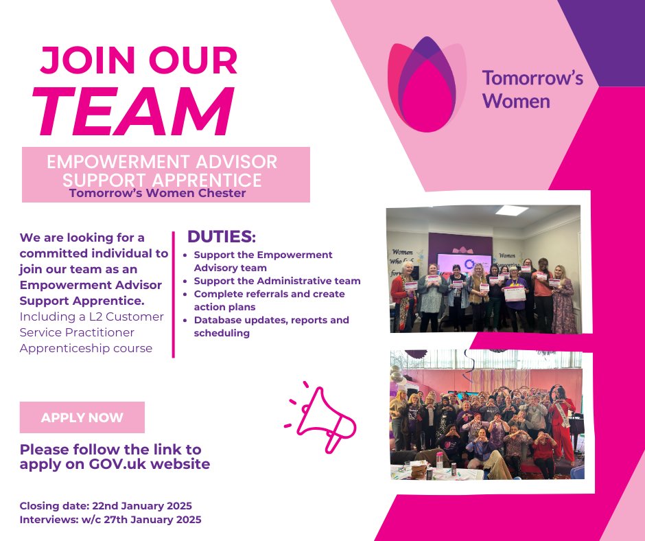 We are looking to hire an Empowerment Advisor Support Apprentice at our Chester centre 💗 

This opportunity will include a Level 2 Customer Service Practitioner Apprenticeship as well as practical hands on experience.  

To apply follow the link: findapprenticeship.service.gov.uk/apprenticeship…