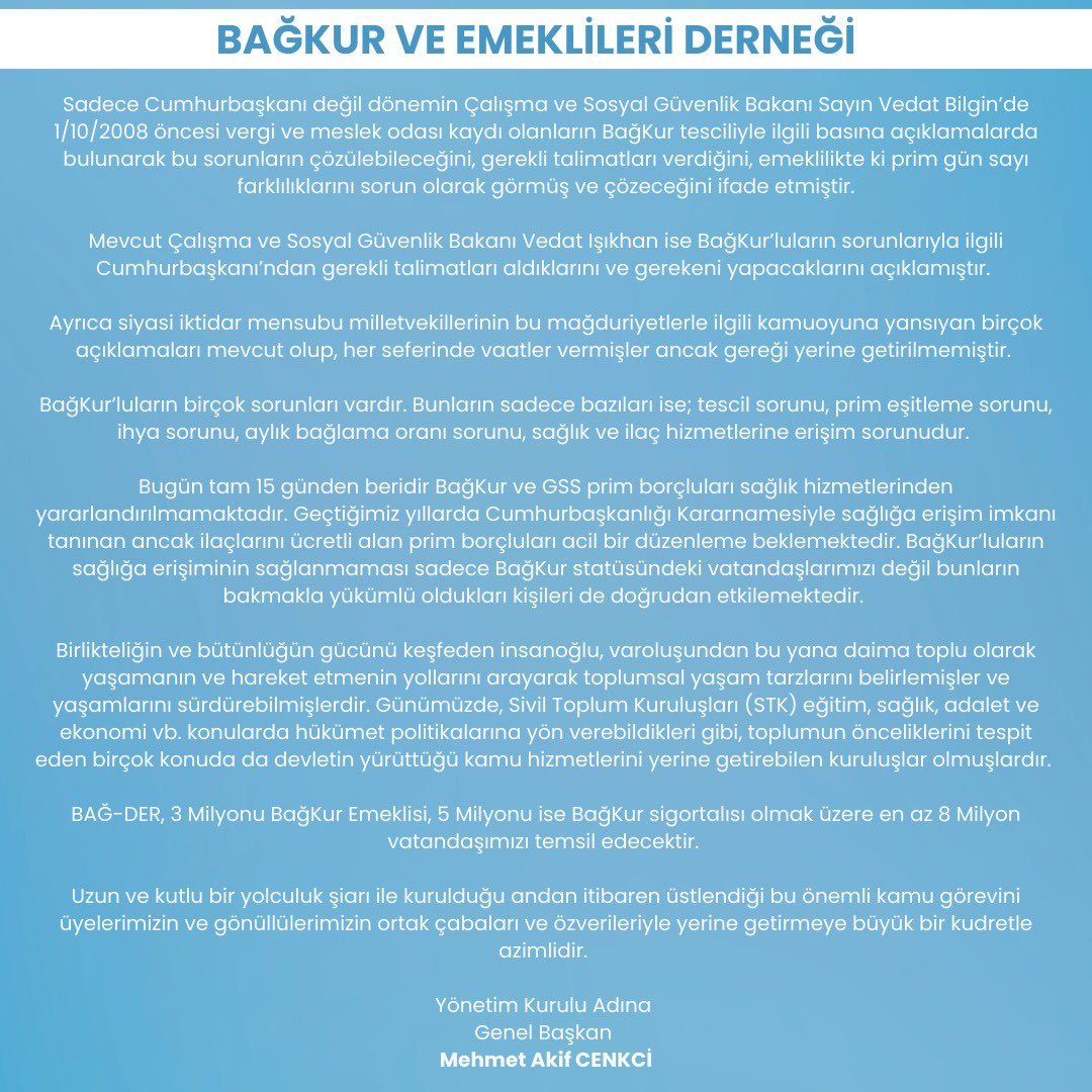 TurhanBozkurTV's tweet photo. 🛑 Bağ-Kur ve Emekilileri Derneği "Artık yeter!" dedi. 

💡 Cumhurbaşkanı Erdoğan'ın seçimden evvel verdiği sözü tutmasını ve prim gün sayısının 9 binden 7 bin 200'e indirilmesini bekliyor. https://t.co/bN4Ng5sijo