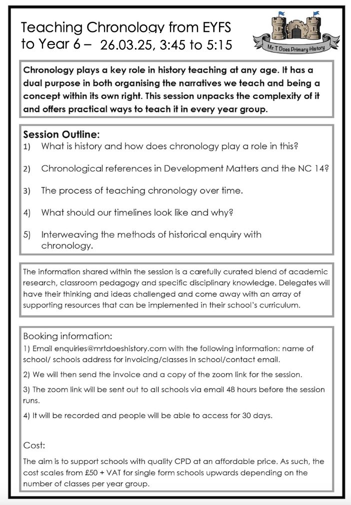 The second of my whole staff webinars is taking place in March! It focuses on how we teach chronology and why I advocate for this way based on research and classroom experience. 

If you'd like a quote, drop me a message or comment with how many classes you have per year group!