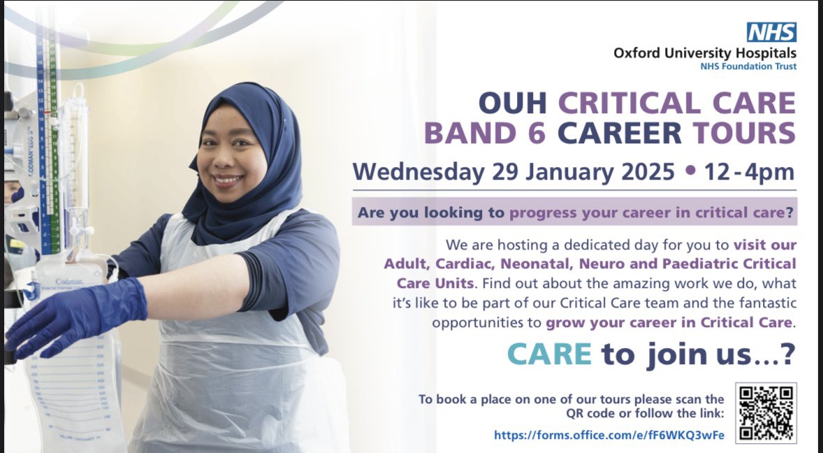 Are you looking to progress your career in critical care?

The OUH is hosting a dedicated day for you to visit our units including Neonates, Paediatrics, Adult, Cardiac and Neuro. 

Wednesday 29 January 2025 12 noon - 4.00pm

Find out more: ouh.nhs.uk/working-for-us…