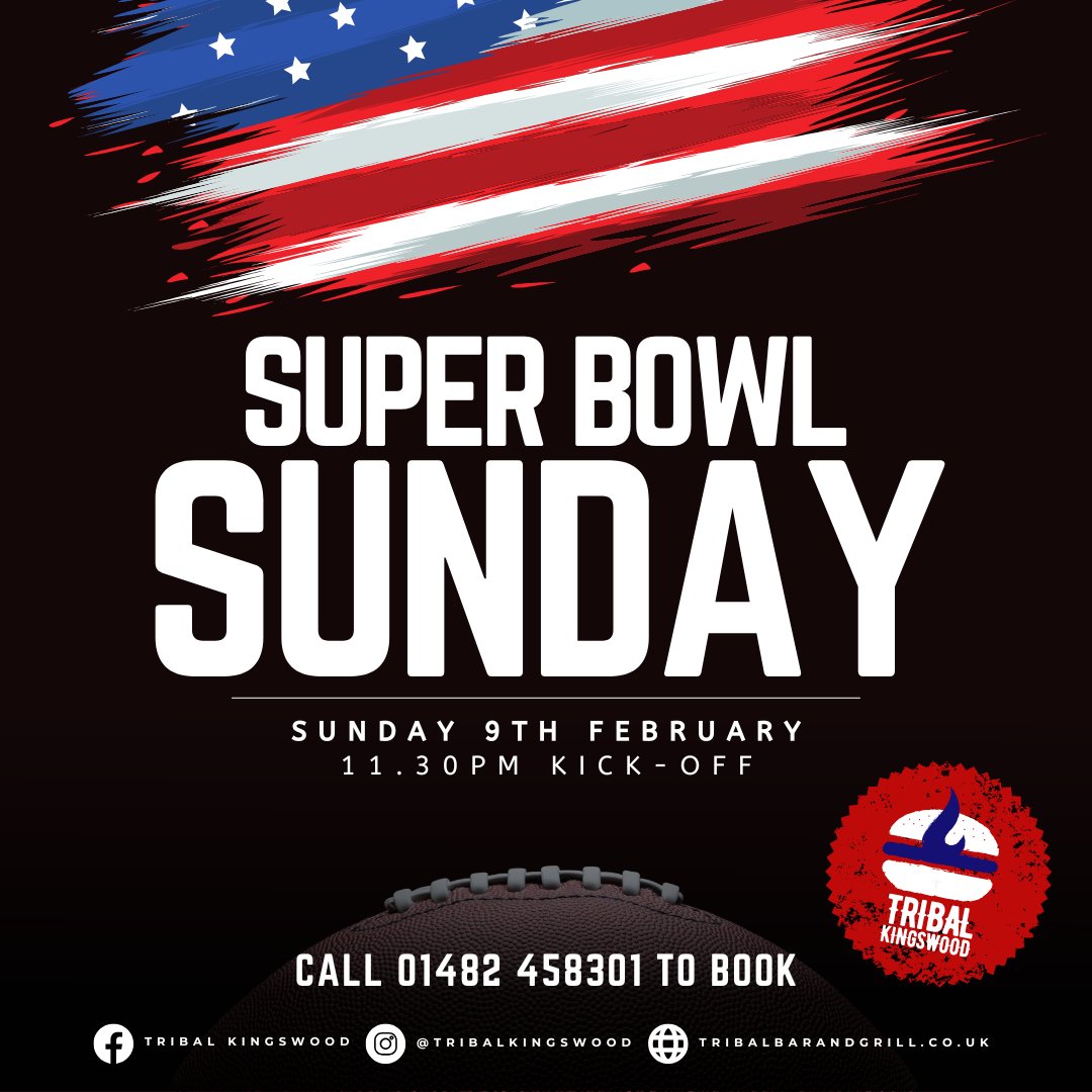Join us for Super Bowl Sunday at Tribal Kingswood next month, with tables filling up fast 🏈🏆

Featuring a special Super Bowl special menu until late 🍟🌭

Book 👉  tinyurl.com/vh6wcbwt

🍔 #TribalKingswood