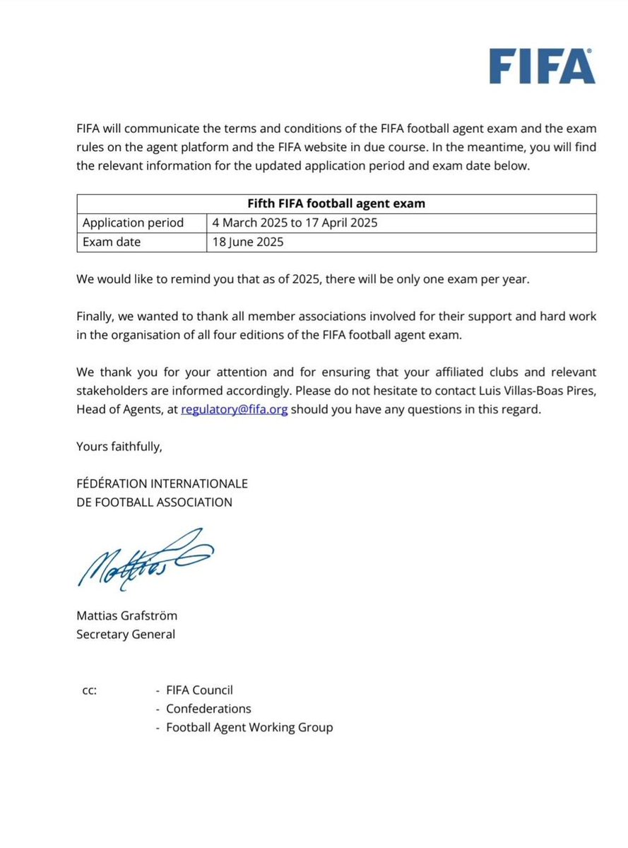 Following discussions and collaboration, the <a href="/FIFAcom/">FIFA</a> agent exams will now be exclusively conducted online, eliminating the need for member association centers.  Th exams will take place annually. Registration starts from March 4th to April 17th, 2025.