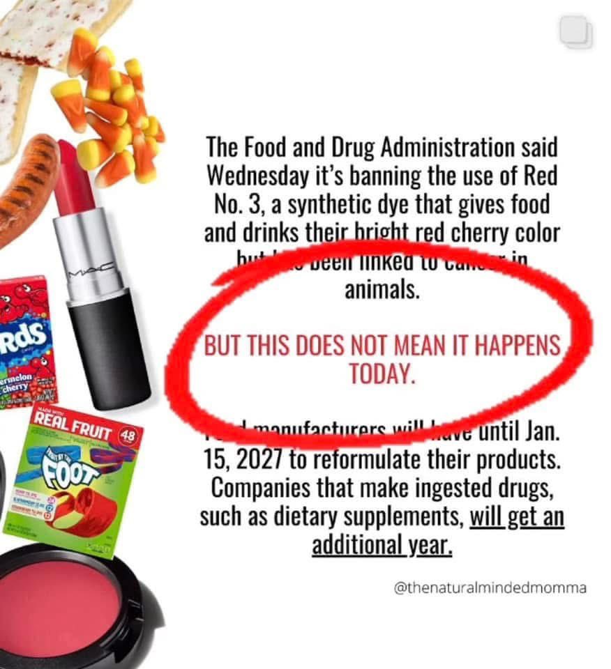 humble_llc's tweet image. Red dye #3 has been banned today.Companies don’t have to change ingredients until 2027 &amp;amp; medicine in 2028 #dyes #wellnessnews