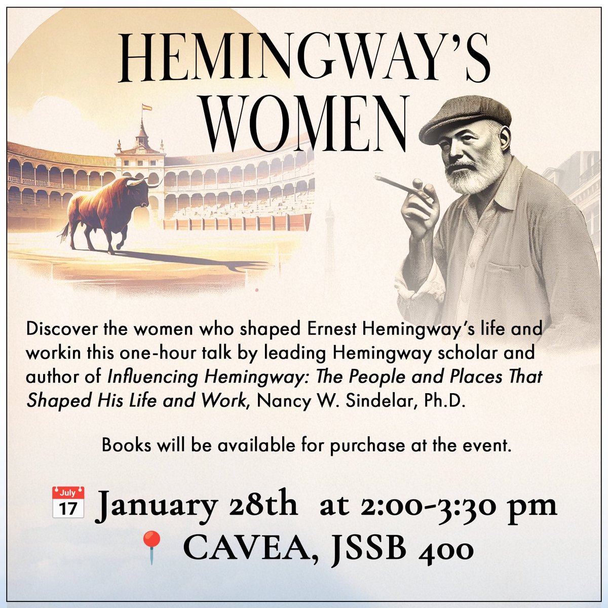 MSUDenverEng's tweet photo. What role did women play in shaping Ernest Hemingway’s life and work? Find out at “Hemingway’s Women,” a talk by Nancy W. Sindelar, Ph.D. Tuesday, January 28, 2:00–3:30 PM, CAVEA (JSSB 400) @msudenver https://t.co/hxll8fS6wv