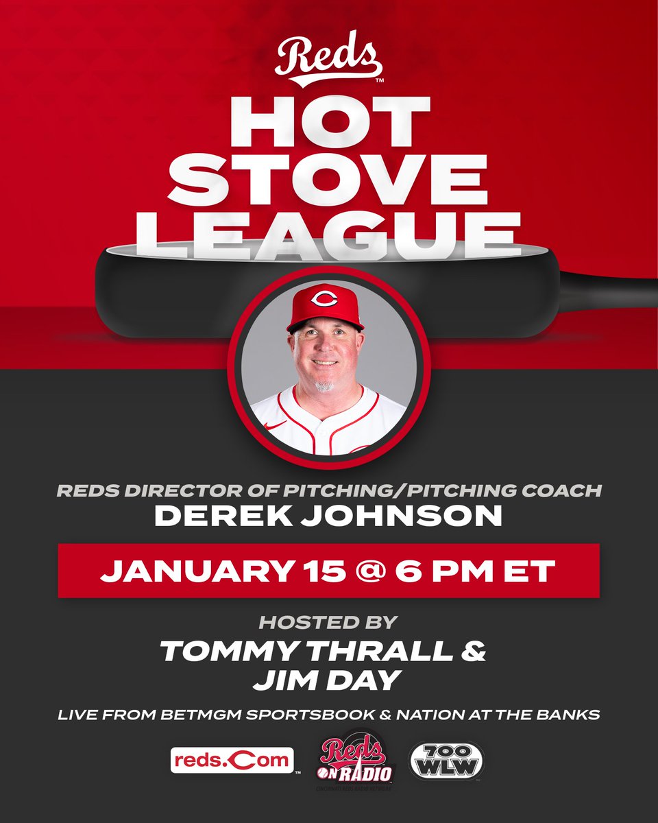 Reds Director of Pitching/Pitching Coach Derek Johnson will be on site for tonight's Reds Hot Stove!

📍 6 PM ET at BetMGM Sportsbook/Nation Kitchen &amp; Bar at The Banks   
📻 700WLW, Reds Radio Network stations &amp; reds.com/hotstove
