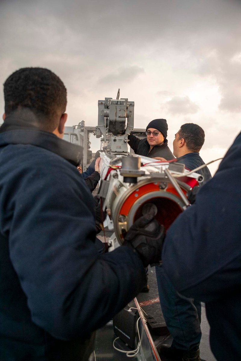 USPacificFleet's tweet photo. Sailors aboard #USSAmerica (LHA 6) loaded ordnance on the forward missile deck, Jan 14. Operating in the @US7thFleet, America leads the charge in enhancing readiness and maintaining regional security. 💪⚓

📍Sasebo Bay, Japan
📷MCSN Jeadan Andre
#USNavy #USPacificFleet #7thFleet https://t.co/zdxMXEDY4b
