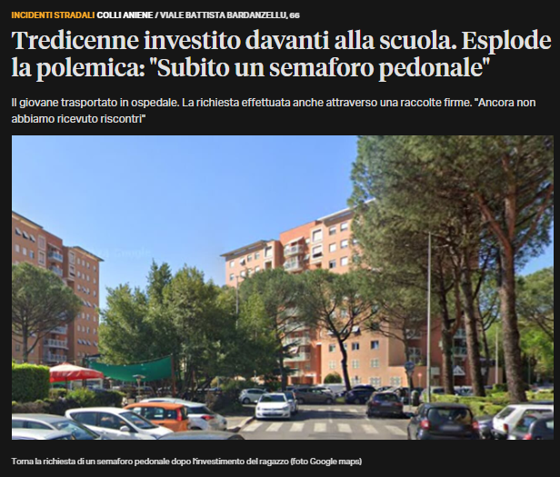 <a href="/VIVINSTRADA/">NuovaSicurezzaStrada</a> <a href="/Diritti_Pedoni/">Movimento Diritti dei Pedoni</a> 
"Tredicenne investito davanti la scuola. A poca distanza tempo fa è avvenuto un episodio analogo: a rimanere ferita fu una bambina di 11 anni travolta sulle strisce davanti la scuola"
Questa è la #sicurezzastradale a Roma
Ma tanto #sonosoloincidenti