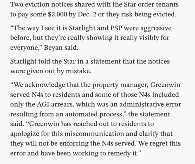 Even though the rent hikes were stayed by the courts, PSP and Starlight issued N4 eviction notices to tenants at our buildings who did not pay the AGIs.

Our landlords continue to back their intention to extract from tenants the highest possible rents with the threat of eviction.