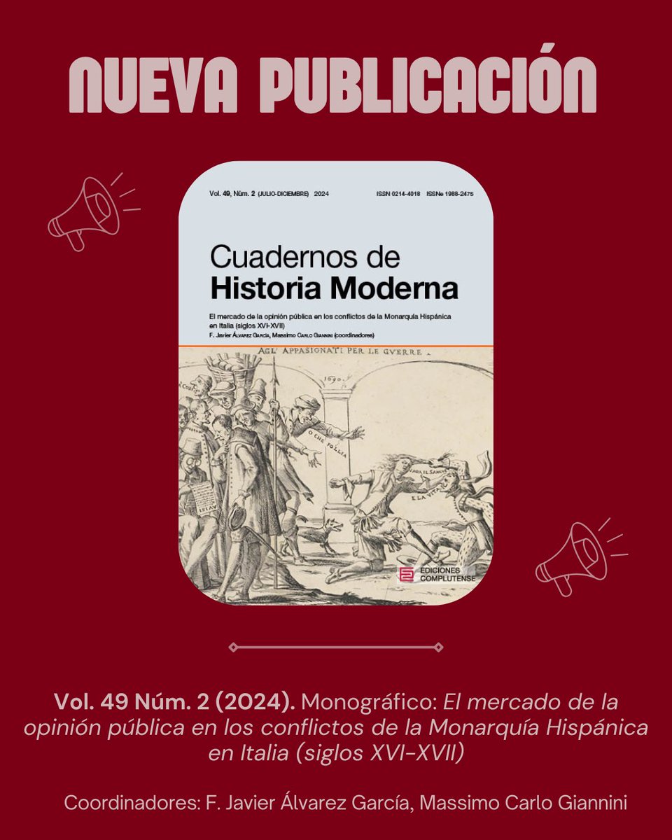 Cuadernos de Historia Moderna (@chm_ucm) on Twitter photo 🗣️ Este dossier tiene su origen en el Seminario Internacional “Sulla bocca di tutti. La dimensión mediática de los conflictos de la Monarquía Hispánica en Italia (siglos XVI-XVII)”, celebrado los días 4 y 5 de mayo de 2023 en la <a href="/CarlosdeAmberes/">Carlos de Amberes</a>
🔗 revistas.ucm.es/index.php/chmo 🗣️ Este dossier tiene su origen en el Seminario Internacional “Sulla bocca di tutti. La dimensión mediática de los conflictos de la Monarquía Hispánica en Italia (siglos XVI-XVII)”, celebrado los días 4 y 5 de mayo de 2023 en la <a href="/CarlosdeAmberes/">Carlos de Amberes</a>
🔗 revistas.ucm.es/index.php/chmo