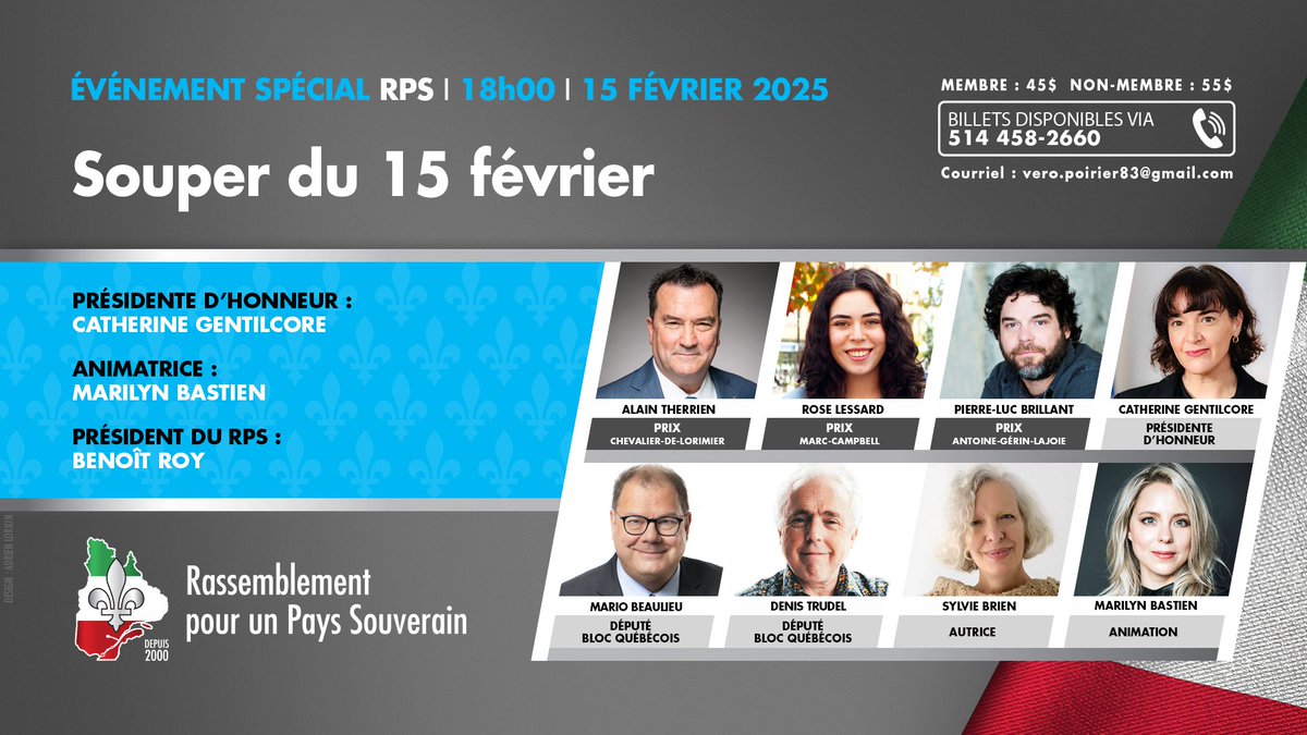 📅 SOUPER DU 15 FÉVRIER 2025 

🎟️ Billets ici: rps.quebec/component/hika…

Lauréats: #AlainTherrien, #RoseLessard, #PierreLucBrillant. Présidente d'honneur: #CatherineGentilcore. #MarioBeaulieu, #DenisTrudel, #SylvieBrien, #MarilynBastien

#patriotes #Montréal #paysQc #polQc #Québec