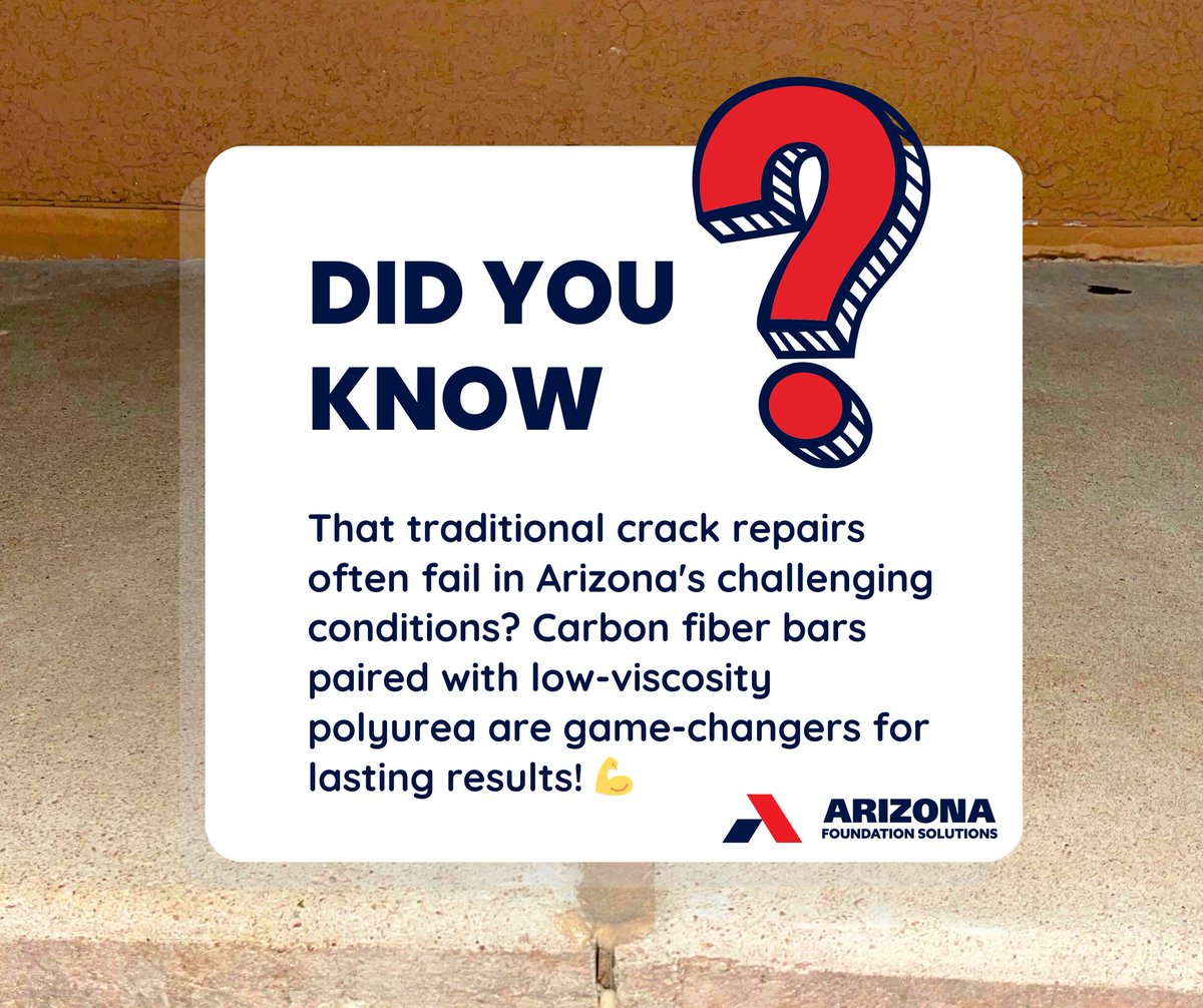 AZFoundationFix's tweet photo. 🚨 DID YOU KNOW? 🚨

Cracked floors and foundations are no match for the power of carbon fiber stitching! ✨ By using materials trusted in space exploration and aviation!

https://t.co/uqU5mRX1l6
#FoundationRepair #ConcreteCracksFixed #ArizonaInnovation https://t.co/B1jRo3sSvG