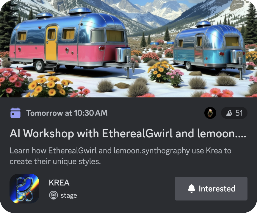 krea_ai's tweet photo. new AI workshop happening tomorrow!

we will have @Ethereal_Gwirl and @LeMoonSynth chatting about how they use Krea for their work.

🗓️ Jan 16th at 10:30am PT in Krea's discord (link below) https://t.co/NZl87HGuNz