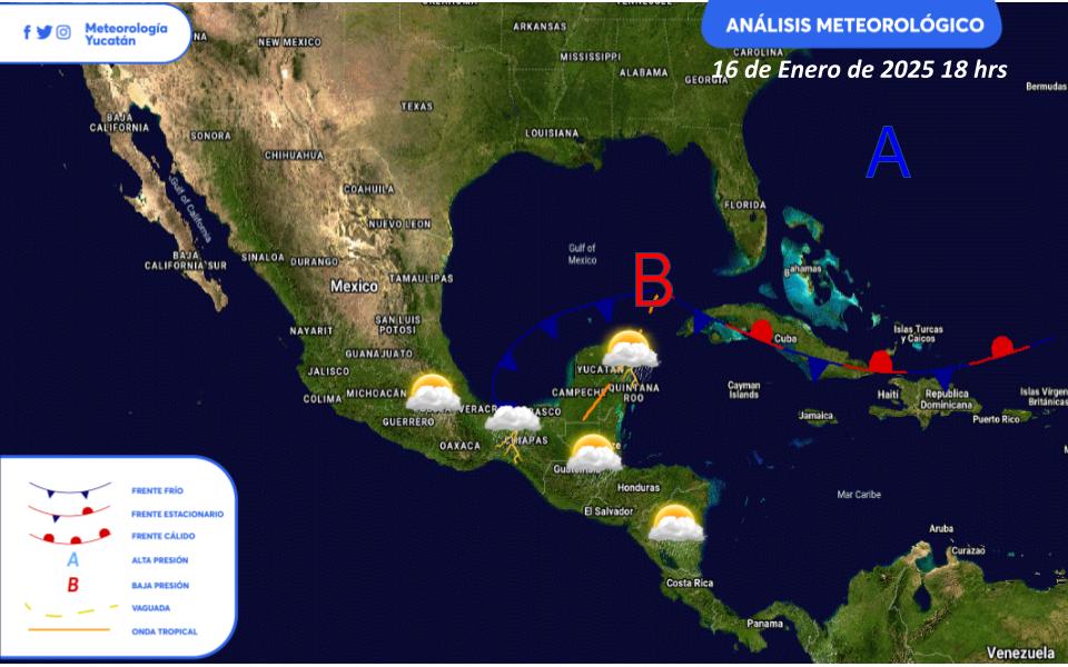 ClimaYucatan's tweet photo. ☕ ¡Buenos días! Para este jueves, la influencia del frente frío número 23 que se extenderá como estacionario al norte de la península, dará origen a lluvias y algunas tormentas dispersas sobre la región https://t.co/PAXW7xupZa