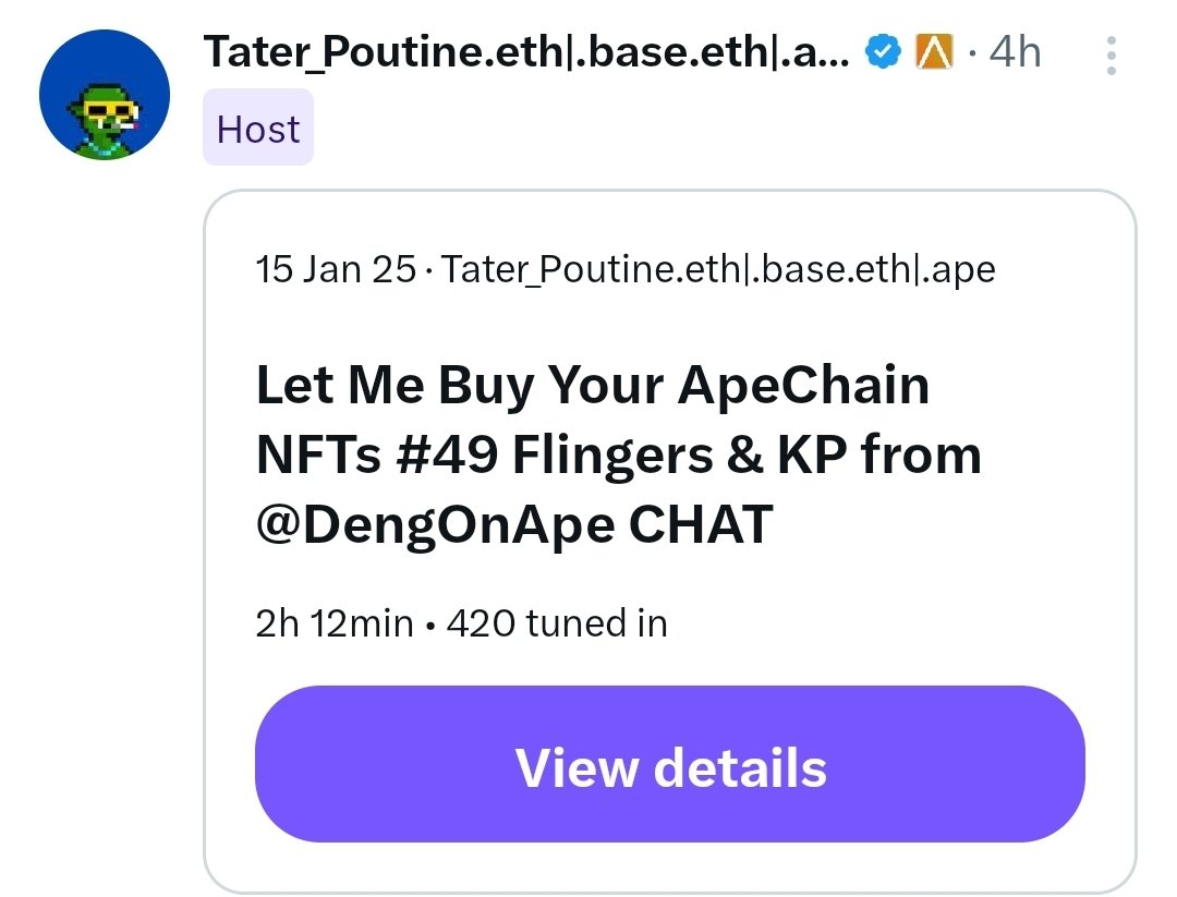 PLEASE DONT GO AND Listen to This.
x.com/Tater_Poutine/…
We need this to stay at 420 Listeners  
For the Culture! JK
We had <a href="/GobsOnApe/">Gobs On Ape</a> stop in,
As well <a href="/kingpickle/"></a> the artist and Mind behind <a href="/DENGSonApe/">Dengs 🦛</a>. Also <a href="/flingersonape/">FLINGERS</a> w/<a href="/Eddie_ShoBiz/">ShoBiz🍌🦍</a> as co host + Great Guests!