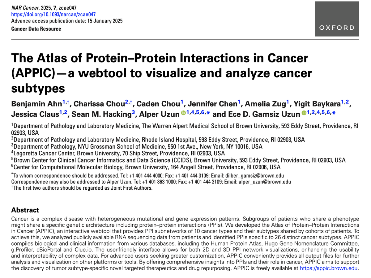 Jessica Claus, MD (@jessicaclaus9) on Twitter photo I'm happy to share our recent publication on the Atlas of Protein-Protein Interactions in Cancer! Thank you for this amazing teamwork!
academic.oup.com/narcancer/arti…
<a href="/BrownUCancer/">Legorreta Cancer Center at Brown University</a> <a href="/BrownPathology/">Brown Pathology and Laboratory Medicine</a> #PathTwitter <a href="/BrownMedicine/">The Warren Alpert Medical School</a> <a href="/BrownPathRes/">Brown University Pathology Residents & Fellows</a> I'm happy to share our recent publication on the Atlas of Protein-Protein Interactions in Cancer! Thank you for this amazing teamwork!
academic.oup.com/narcancer/arti…
<a href="/BrownUCancer/">Legorreta Cancer Center at Brown University</a> <a href="/BrownPathology/">Brown Pathology and Laboratory Medicine</a> #PathTwitter <a href="/BrownMedicine/">The Warren Alpert Medical School</a> <a href="/BrownPathRes/">Brown University Pathology Residents & Fellows</a>