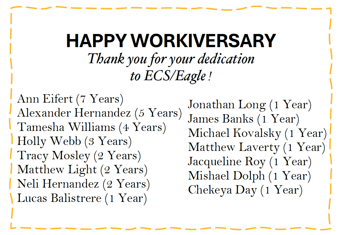 ecscommercial's tweet photo. We would like to recognize and congratulate all of our dedicated team members who will celebrate their work anniversaries this month in January!  Thank you for your commitment to ECS and Eagle Distribution Services.
https://t.co/tvd44K8Cwk
https://t.co/oynHbitrjT https://t.co/QIakheEa3l