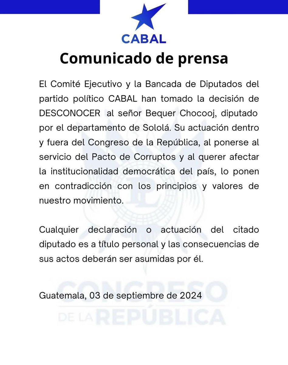 CanalAntigua's tweet photo. ➡La Bancada CABAL y su comité Ejecutivo, han tomado la decisión de desconocer al diputado Bequer Chocooj, por su actuación dentro y fuera del Congreso que afectan la institucionalidad democrática del país, señalan.

#CABAL #Comité #BequerChocooj https://t.co/nGR6uVGDuh