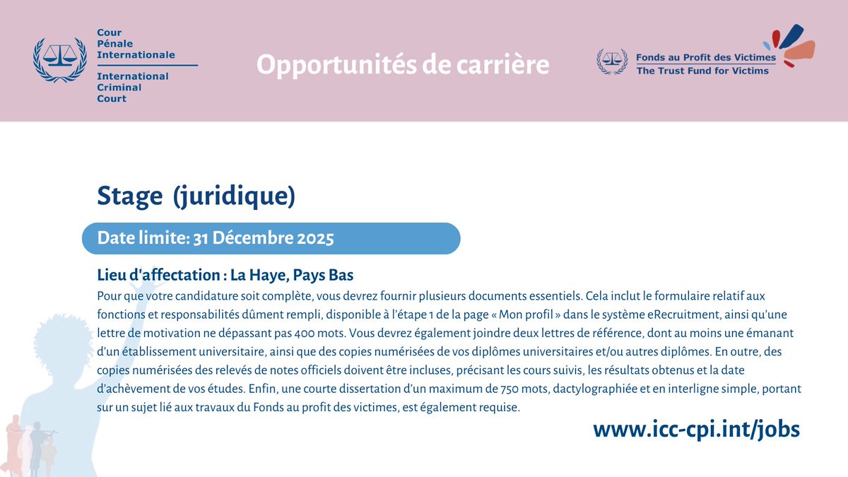 TFV_FPV's tweet image. 📢 Opportunity at the Trust Fund for Victims at the ICC!
🔔 Join our team in The Hague!
📍 Position: Intern (Legal)
🗓 Deadline for applications: 31 December 2025 (midnight, The Hague time)
ℹ For information and to apply, visit: icc-cpi.int/jobs