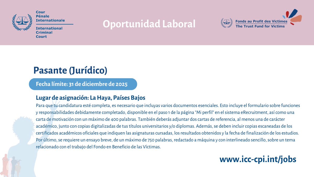 TFV_FPV's tweet image. 📢 Opportunity at the Trust Fund for Victims at the ICC!
🔔 Join our team in The Hague!
📍 Position: Intern (Legal)
🗓 Deadline for applications: 31 December 2025 (midnight, The Hague time)
ℹ For information and to apply, visit: icc-cpi.int/jobs