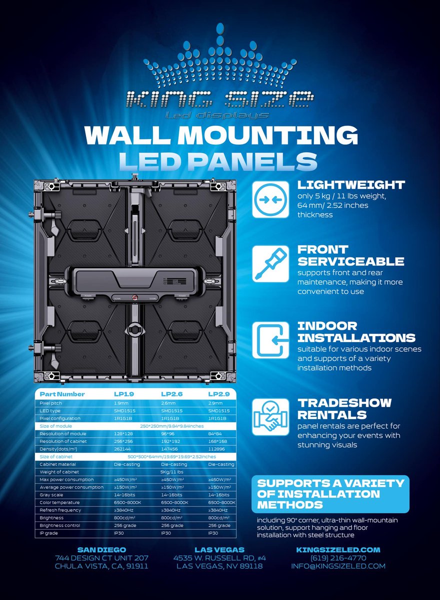 kingsizeled's tweet image. Start 2025 with game-changing visuals! 

✨ King Size LED Wall-Mounting Panels are lightweight, front-serviceable, and perfect for indoor &amp;amp; tradeshow installs! 🌟

📞 (619) 216-4770  
🔗 KingsizeLED.com

#LEDDisplay #TradeShowRentals #KingSizeLED #EventTech #2025Events