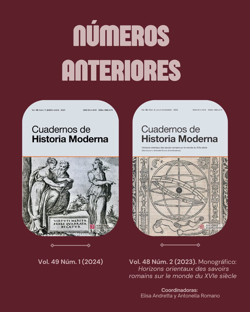 🧠 Aprovechamos para recordar que podéis consultar los números de la revista en la web.

🔙 Como por ejemplo, los dos que han precedido al actual: Vol. 49, Núm. 1 (2024) y Vol. 48, Núm 2 (2023). 

👁️‍🗨️ revistas.ucm.es/index.php/CHMO…