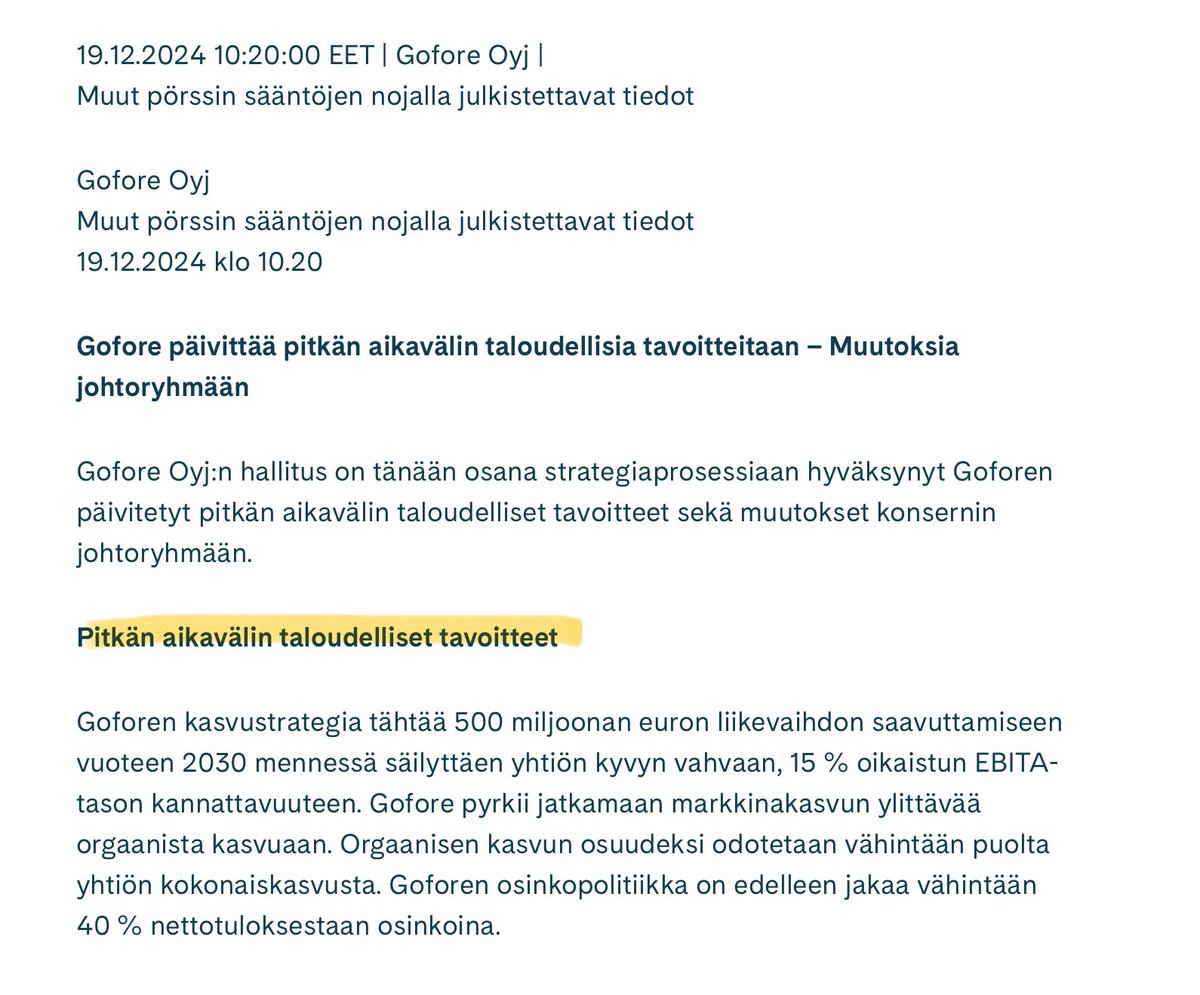 zijoittaja's tweet photo. Gofore vinkkas jo joulukuun lopussa, mitä huomisessa pääomamarkkinapäivässä käsitellään. 

Se on 5️⃣ vuotta ja liikevaihto pitäs olla 5️⃣0️⃣0️⃣M€. Viime vuonna se oli noin 186M€. 

#GoforeCMD25 https://t.co/8gbBm8GmL7