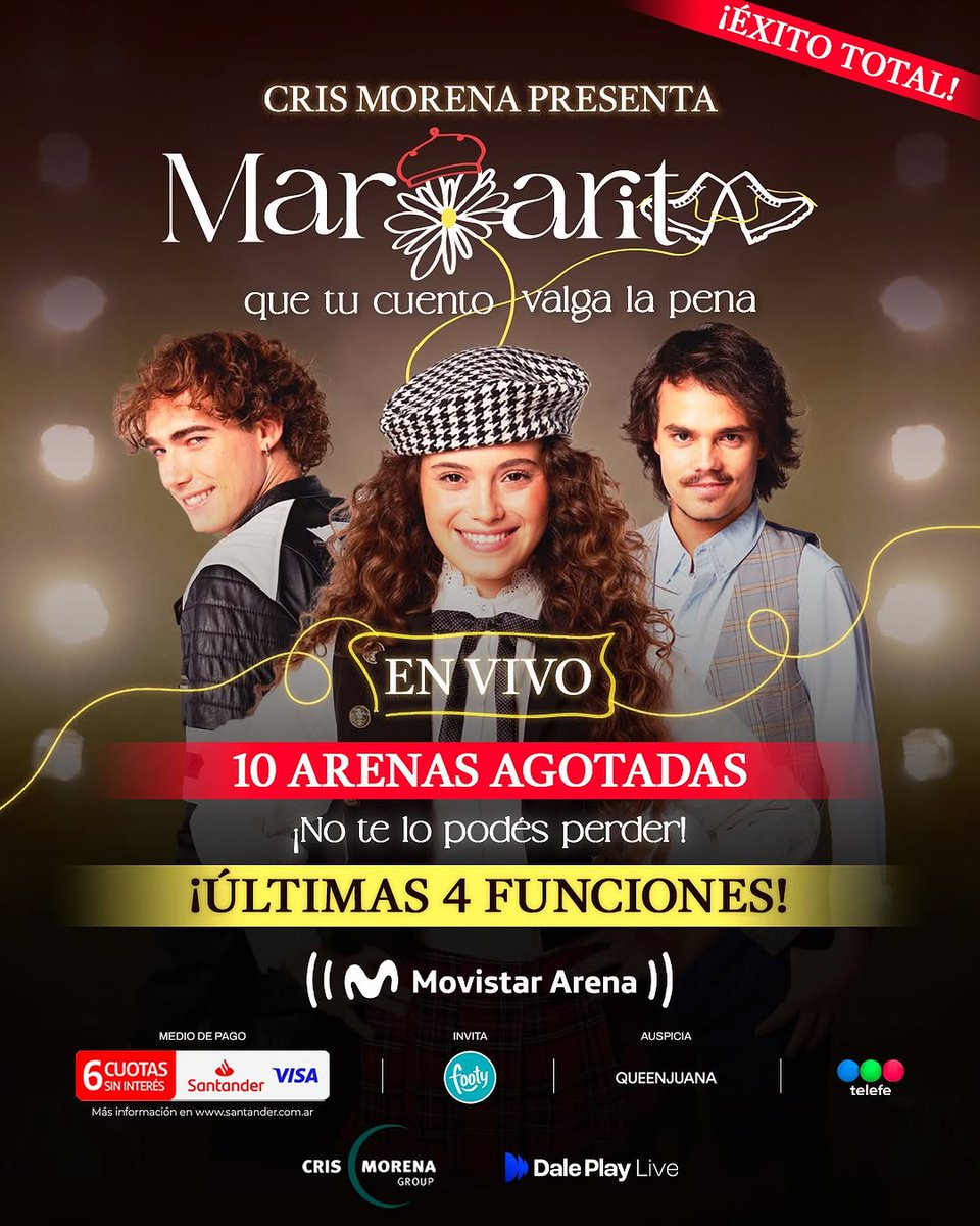 telefe's tweet photo. ¡Últimas 4 funciones de #Margarita en vivo! ✨ No te pierdas la magia de Cris Morena 🎫 Comprá tu entrada en https://t.co/Fs71ktRlkQ #ParamountLiveEvents https://t.co/Q4a5haZL9x