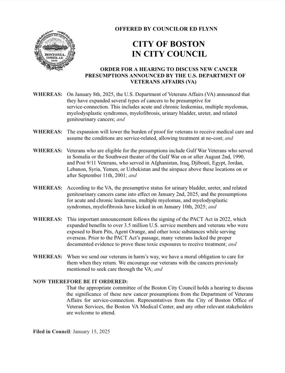 EdforBoston's tweet image. Re-filed hearing order to discuss goals &amp;amp; priorities @BostonVets. Also filed hearing to discuss new cancer presumptions announced by @DeptVetAffairs. Critical that we continue to support &amp;amp; raise awareness on benefits our veterans &amp;amp; military families earned &amp;amp; deserve. #bospoli