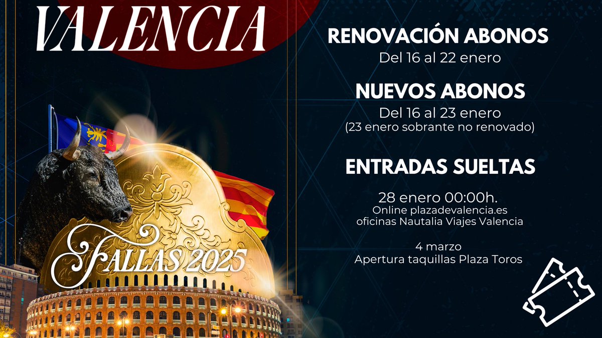[🎟️ 𝗘𝗡𝗧𝗥𝗔𝗗𝗔𝗦] ¡Todos los plazos de taquillas que debes conocer! 👀

📣¡Abonos con 25% de 𝙙𝙚𝙨𝙘𝙪𝙚𝙣𝙩𝙤!

🔗plazadevalencia.es 

#TorosValencia #Fallas2025