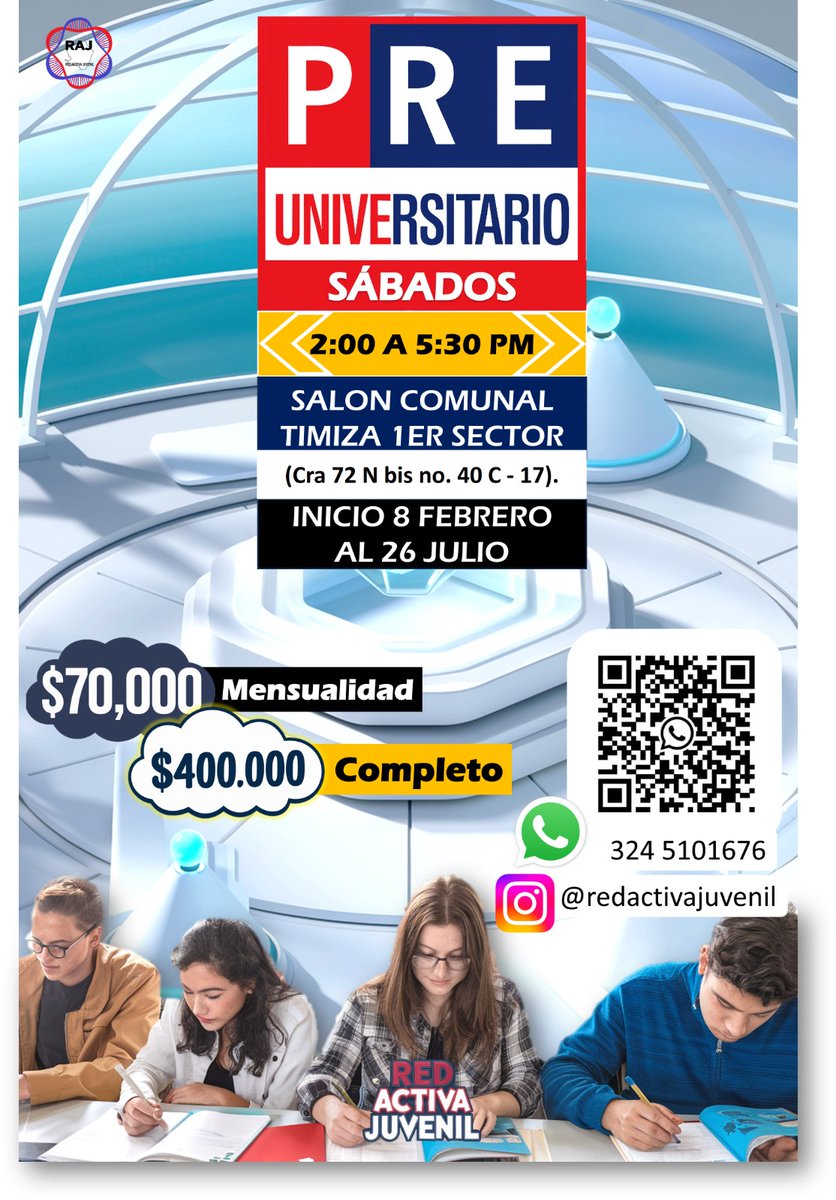 RedActivaJuveni's tweet photo. ¡Hola! 👋 ¡Continuamos contribuyendo a la educación! 📚
Si quieres obtener mejores resultados en las pruebas saber y entrar a la Universidad *¡Haz parte de este Pre Universitario!* 🧑🤝🧑
*¡Inscríbete aquí!* https://t.co/mduVyp9Ksp
#RAJ #preuniversitario #Timiza #Kennedy #Bogotá https://t.co/GBlGhStRIg