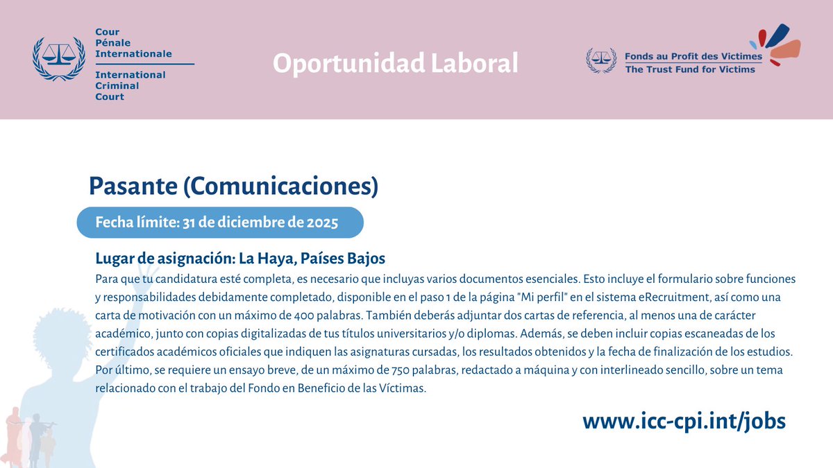TFV_FPV's tweet image. 📢 Opportunity at the Trust Fund for Victims at the ICC!
🔔 Join our team in The Hague!
📍 Position: Intern (Communications)
🗓 Deadline for applications: 31 December 2025 (midnight, The Hague time)
ℹ For information and to apply, visit: icc-cpi.int/jobs